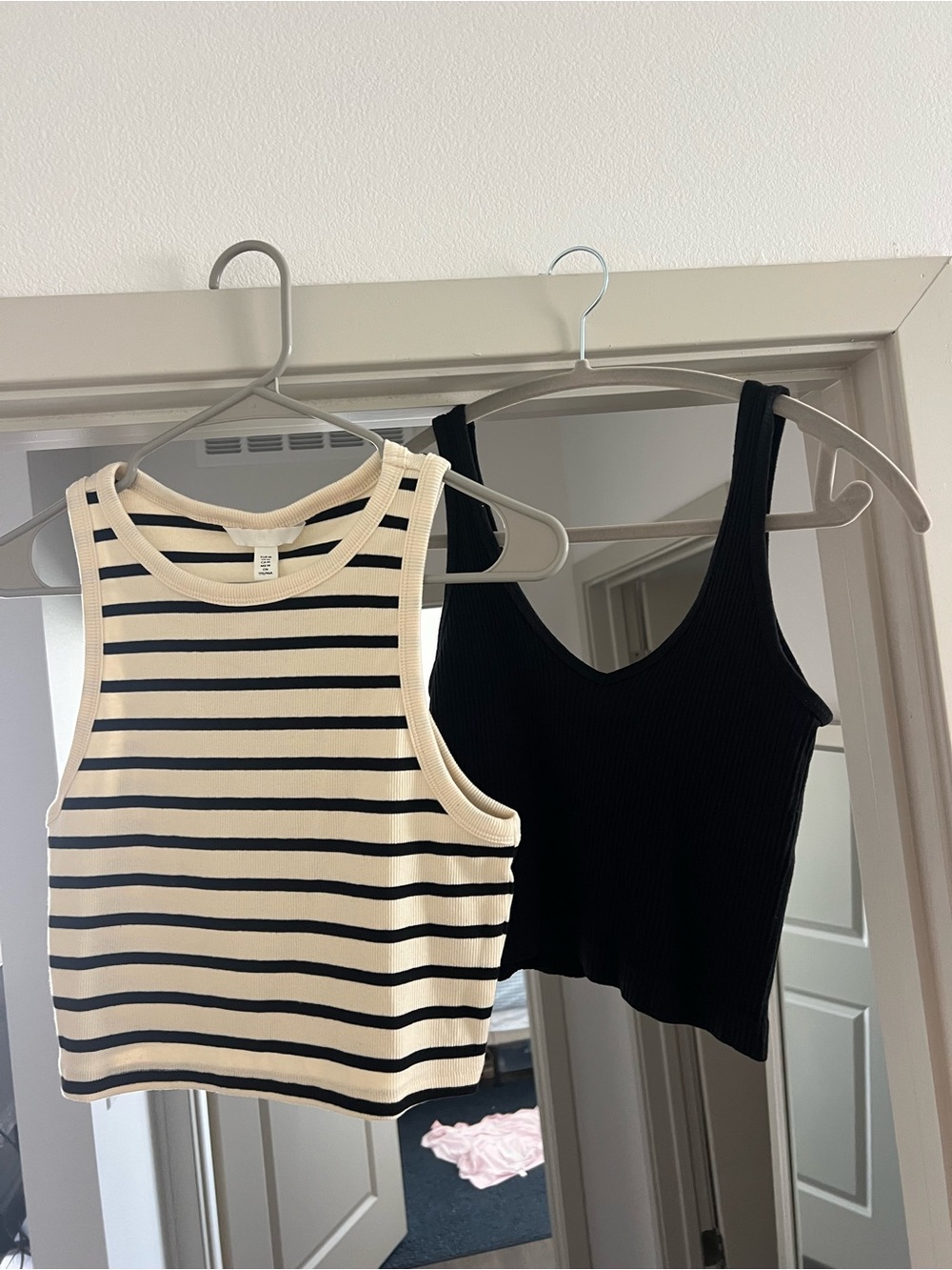 Black Ribbed V-Neck Tank Top and Black and White Striped Tank Top
